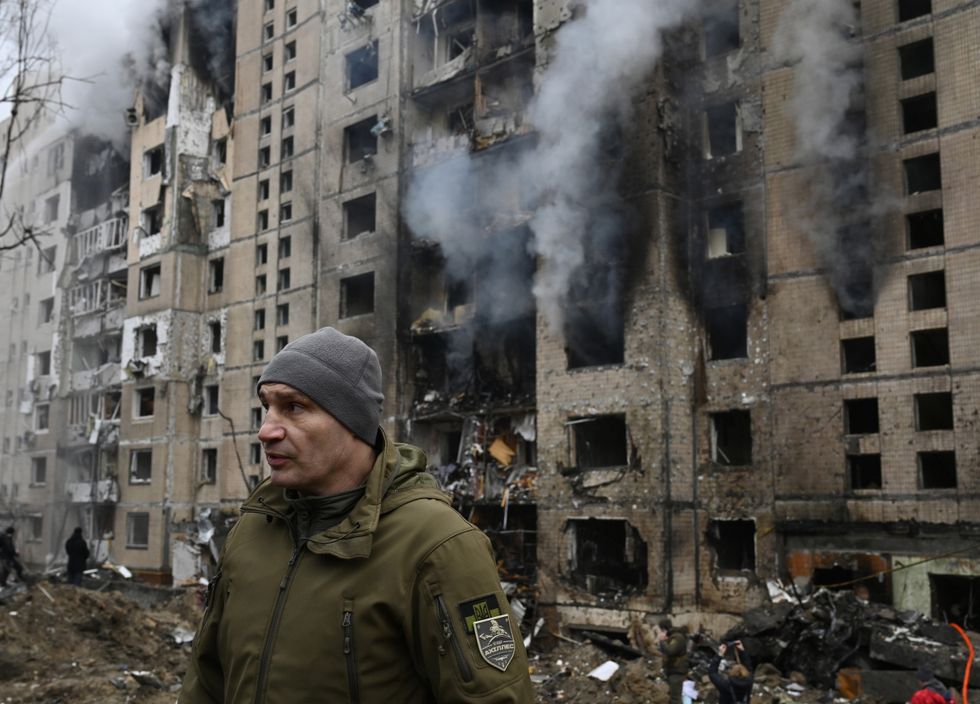 Kyiv's mayor Vitaliy Klitschko seen near residential building that was damaged as a result of a missile attack by the Russian army