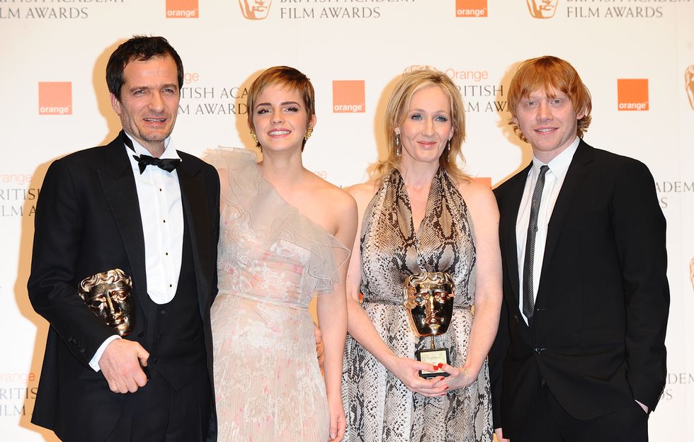 (L-R) David Heyman, Emma Watson, JK Rowling and Rupert Grint, with the Outstanding Contribution to British Cinema award received for the Harry Potter films, in the press room at the 2011 Orange British Academy Film Awards, The Royal Opera House, Covent Garden, London.