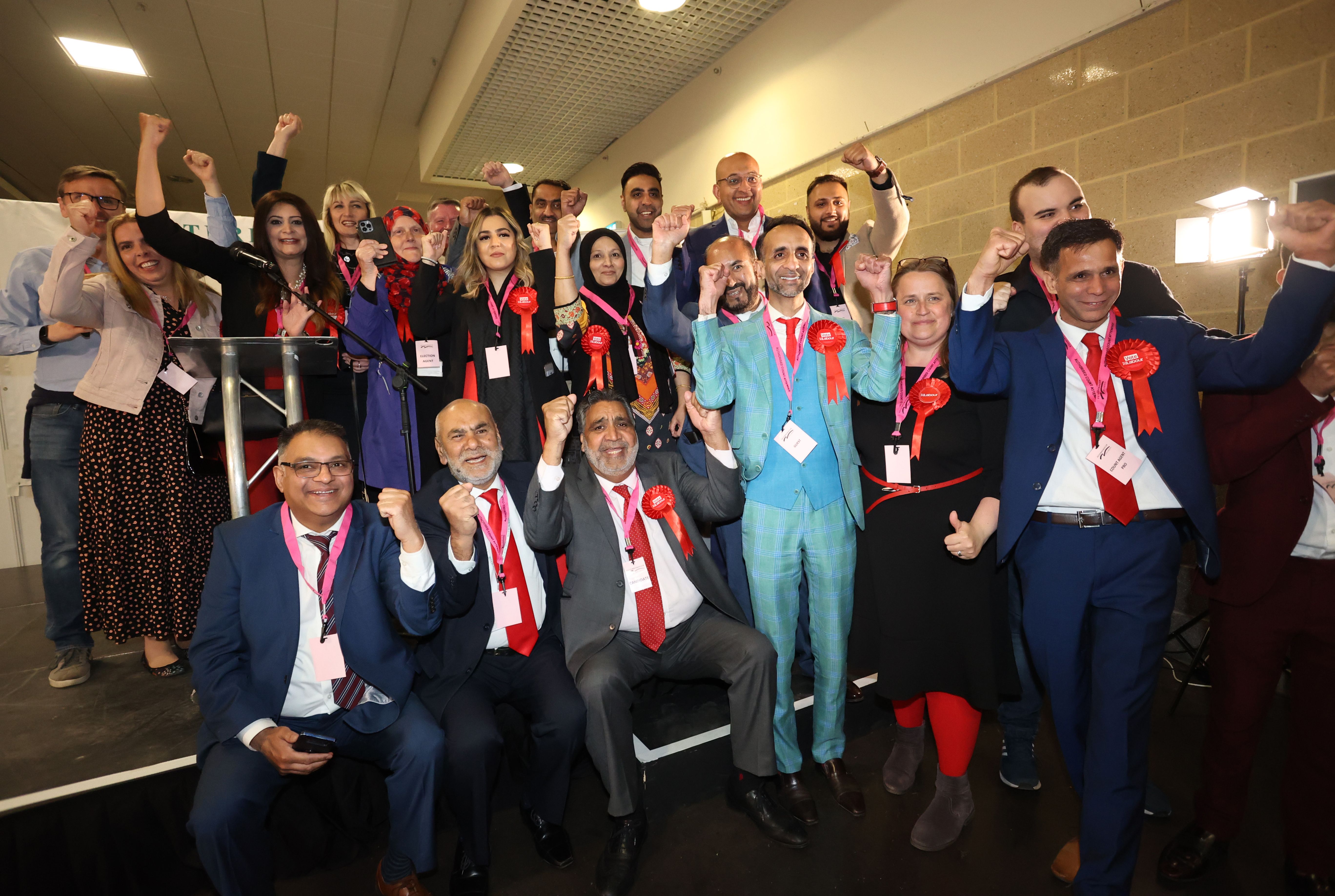Labour candidates and supporters celebrate at the results count at Peterborough Arena