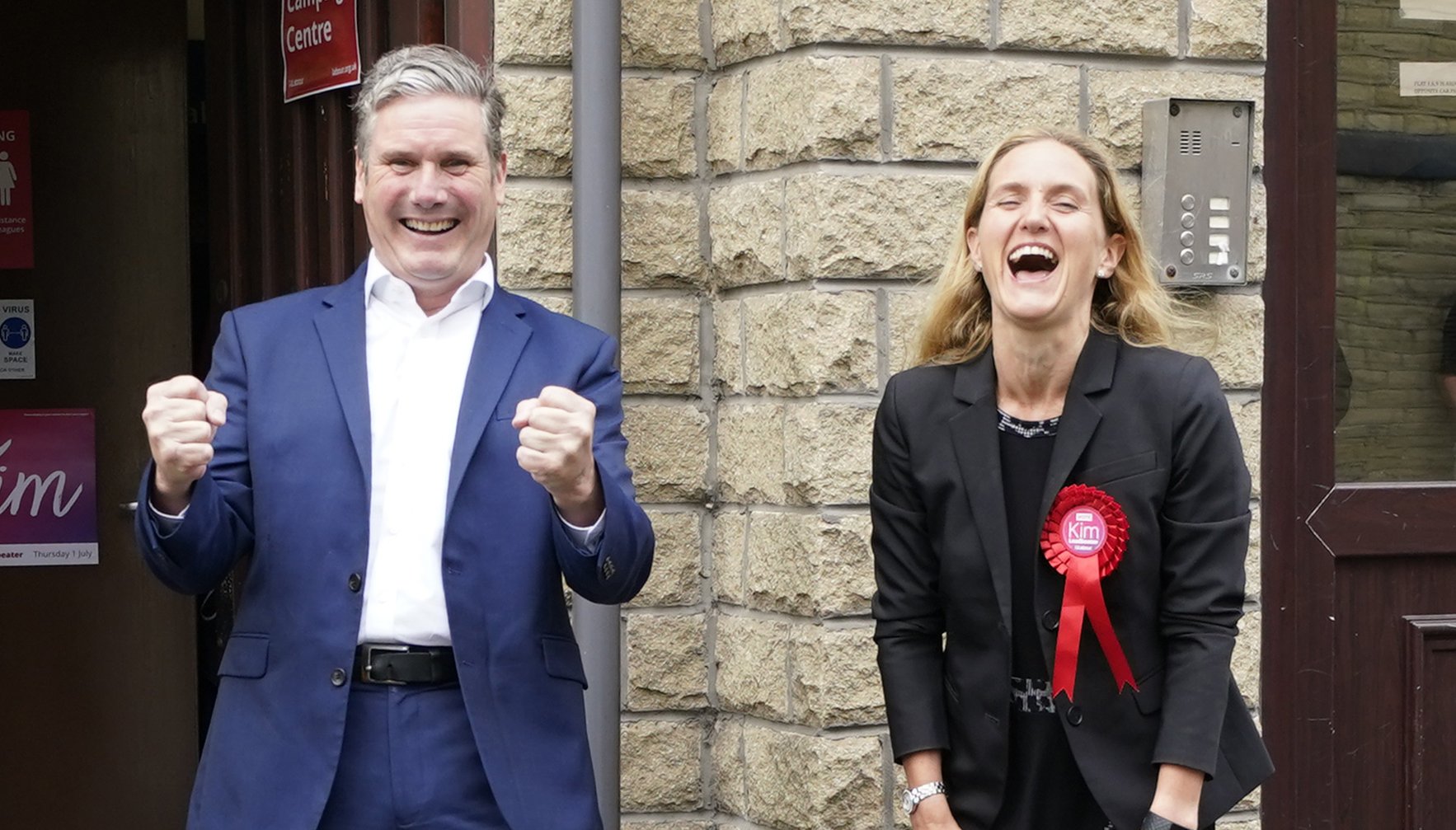 Labour party leader Keir Starmer reacts with Kim Leadbeater in Clackheaton after she won the Batley and Spen by-election