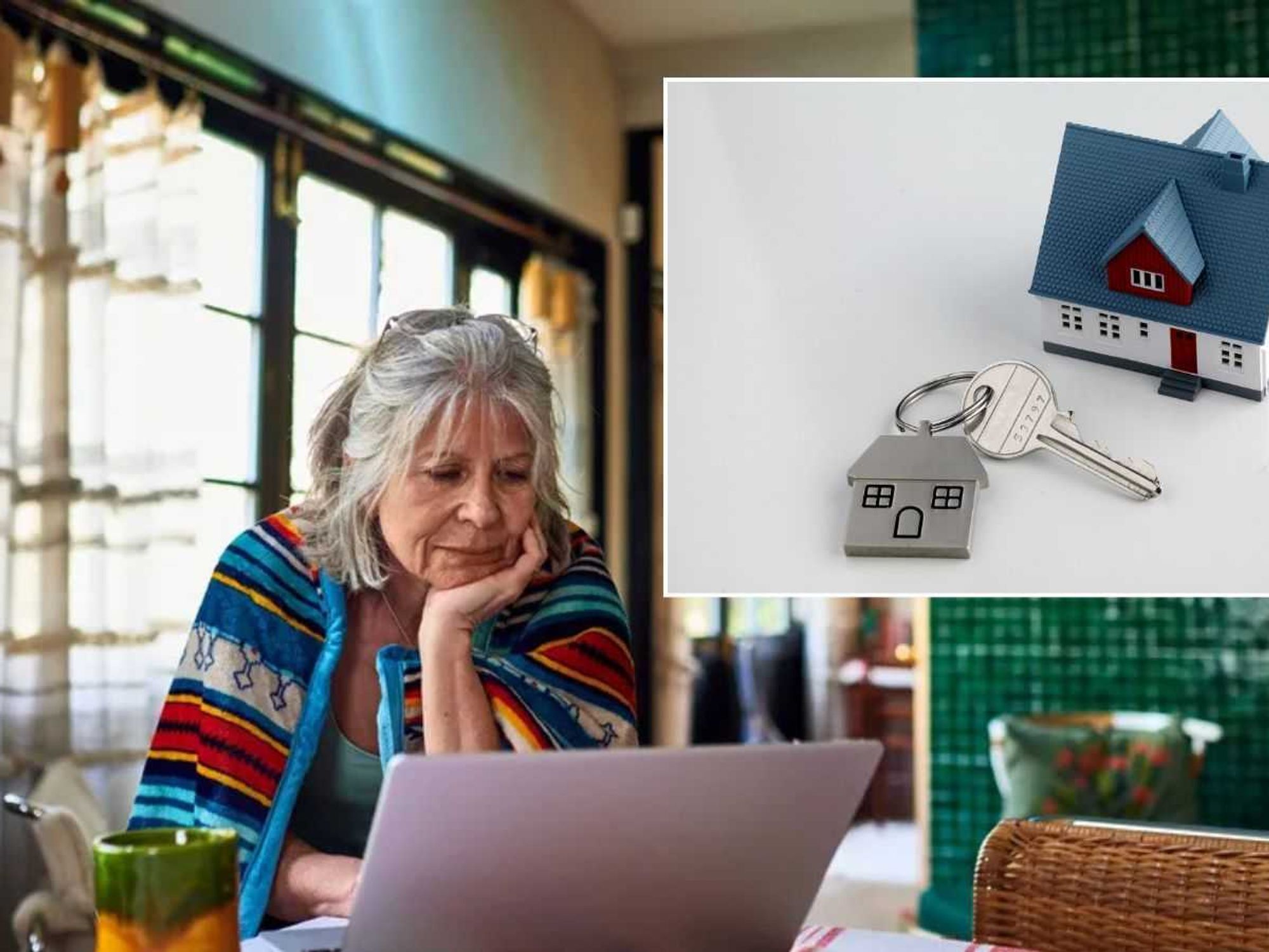 Lady on laptop and house and key