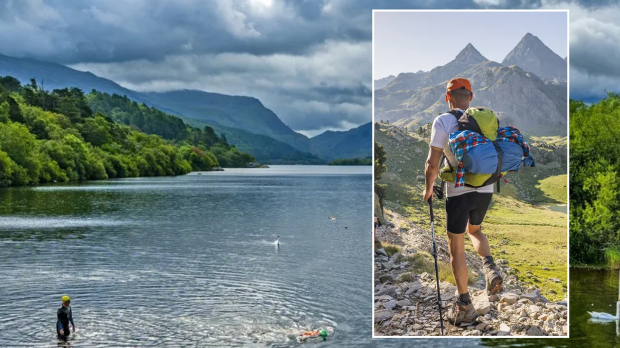 Lake at Snowdonia / man hiking