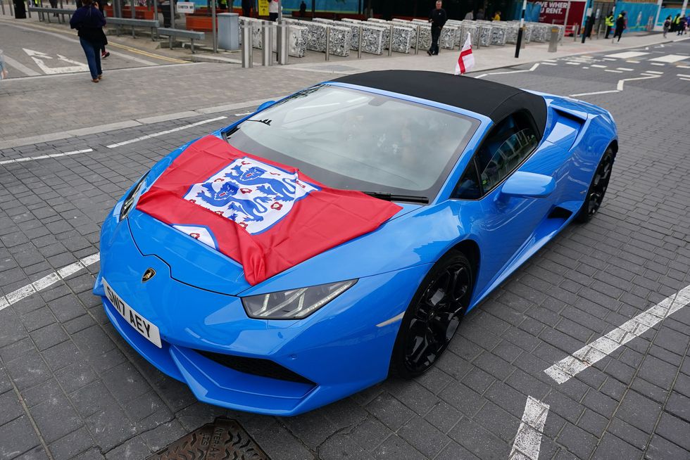 Lamborghini with an England flag on the bonnet