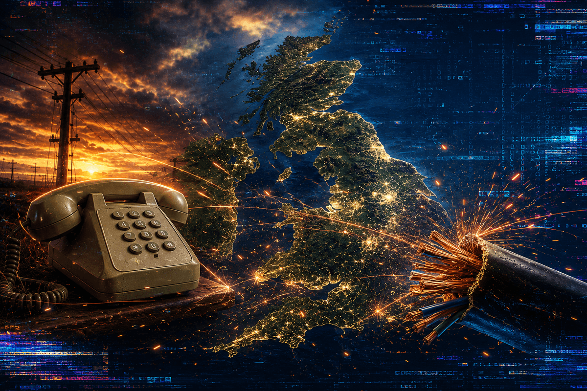 landline phone with aerials on the mast pictured on the left side with a UK map shown in the middle of the picture