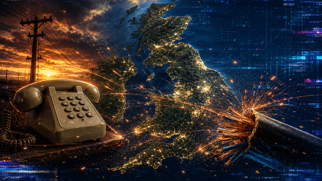 landline phone with aerials on the mast pictured on the left side with a UK map shown in the middle of the picture