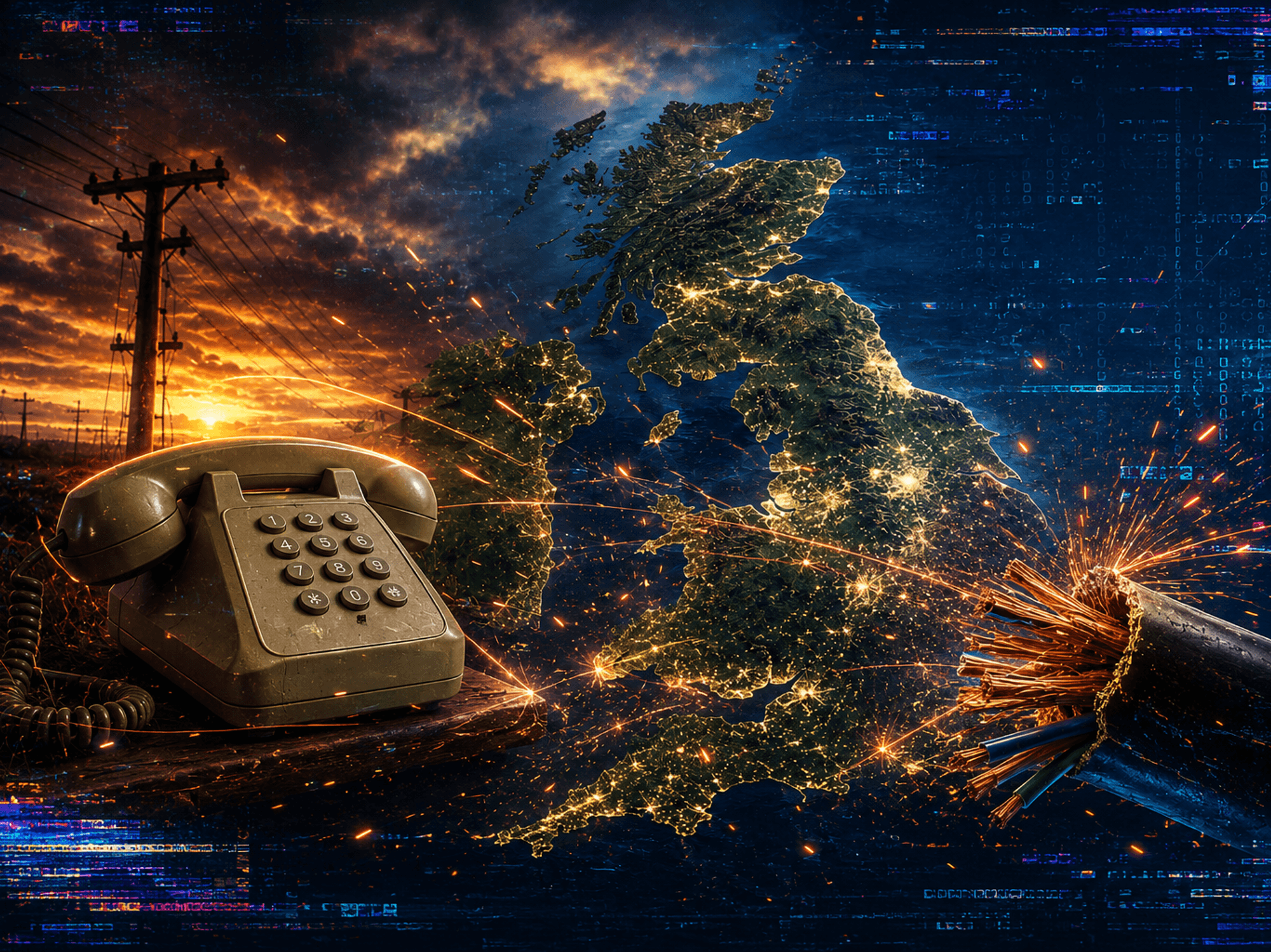 landline phone with aerials on the mast pictured on the left side with a UK map shown in the middle of the picture