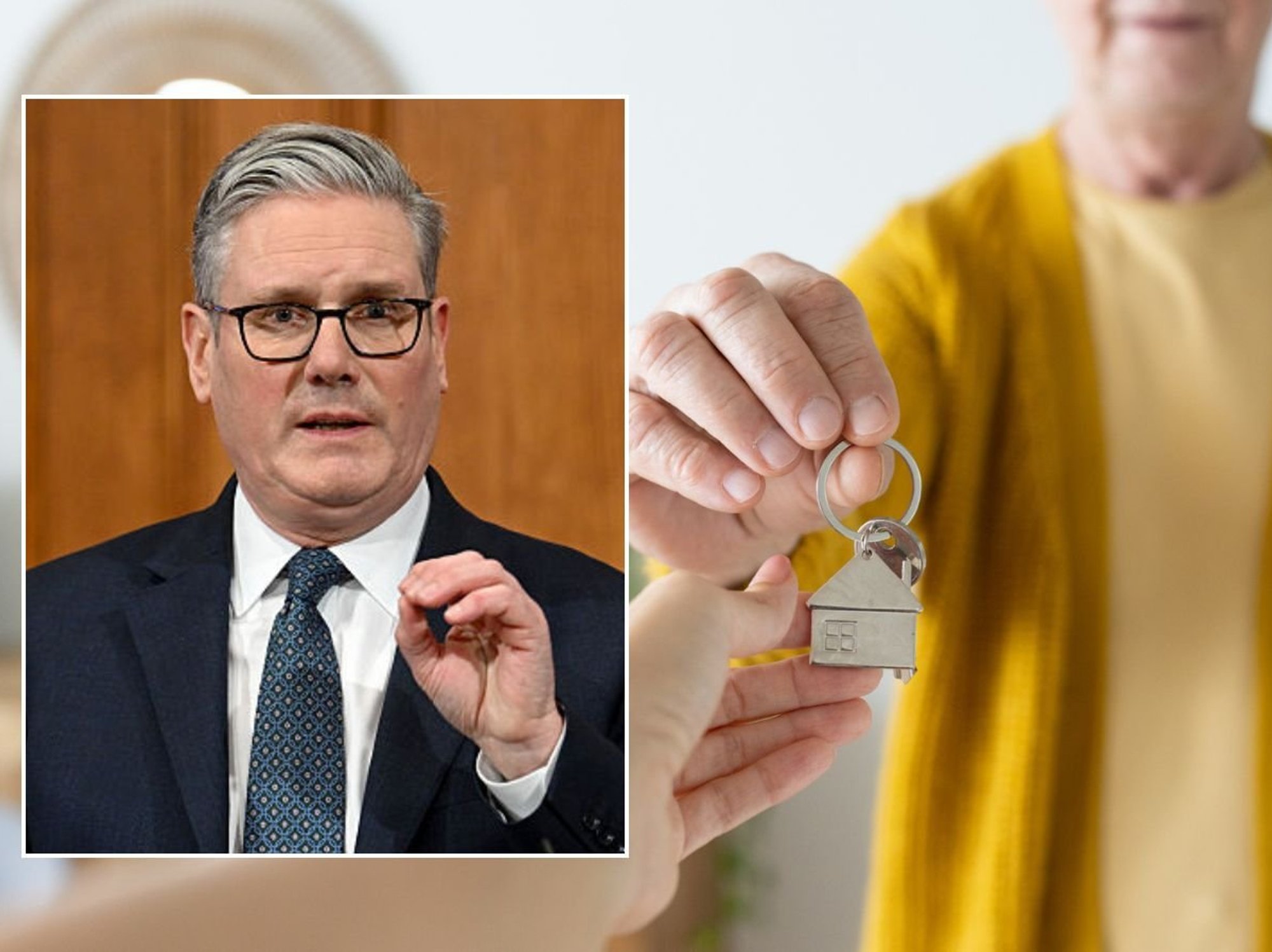 Landlord handhing keys over and Keir Starmer