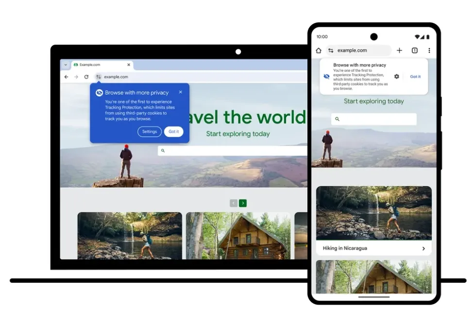 laptop and android phone with google chrome browser on-screen showing new privacy warning