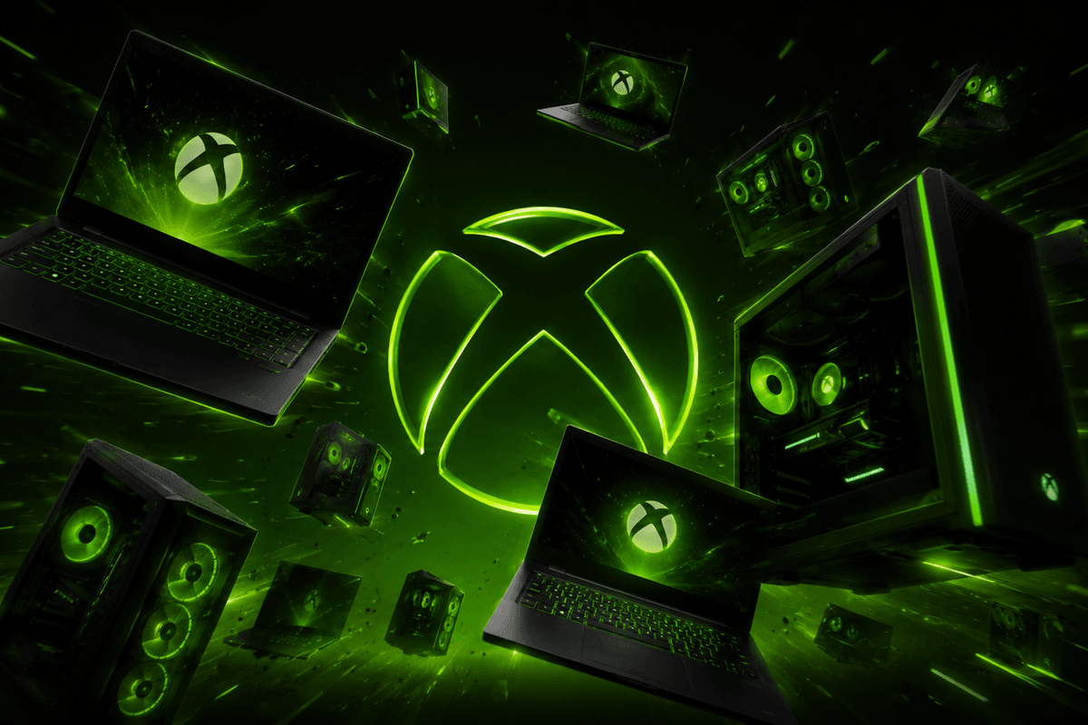 laptop and desktop PCs pictured flying towards the camera with the green xbox logo in the background