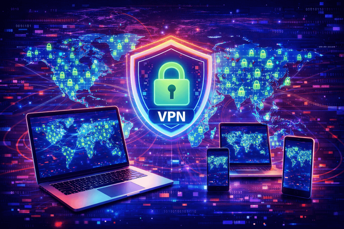 laptop, tablet and smartphone pictured with a map of countries where you can connect to a vpn server location