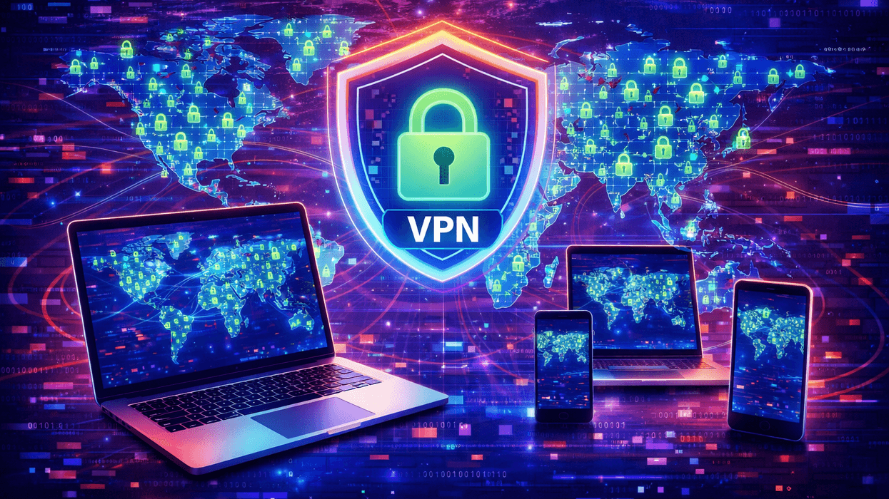 laptop, tablet and smartphone pictured with a map of countries where you can connect to a vpn server location
