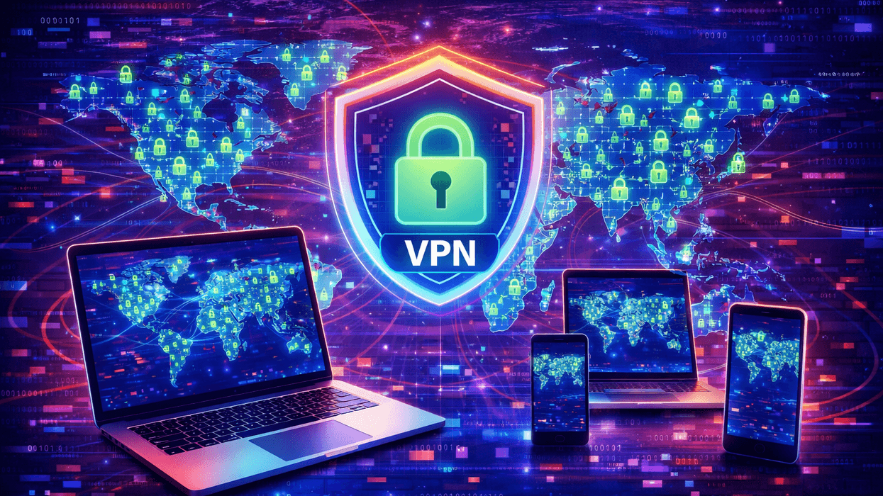 laptop, tablet and smartphone pictured with a map of countries where you can connect to a vpn server location