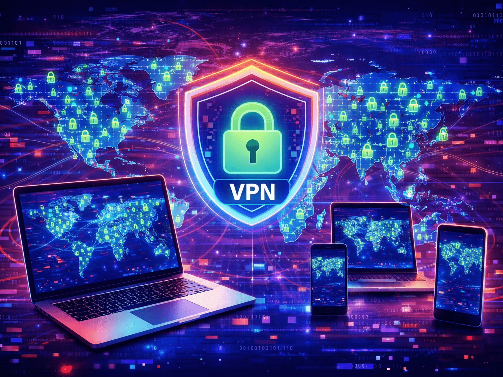 laptop, tablet and smartphone pictured with a map of countries where you can connect to a vpn server location