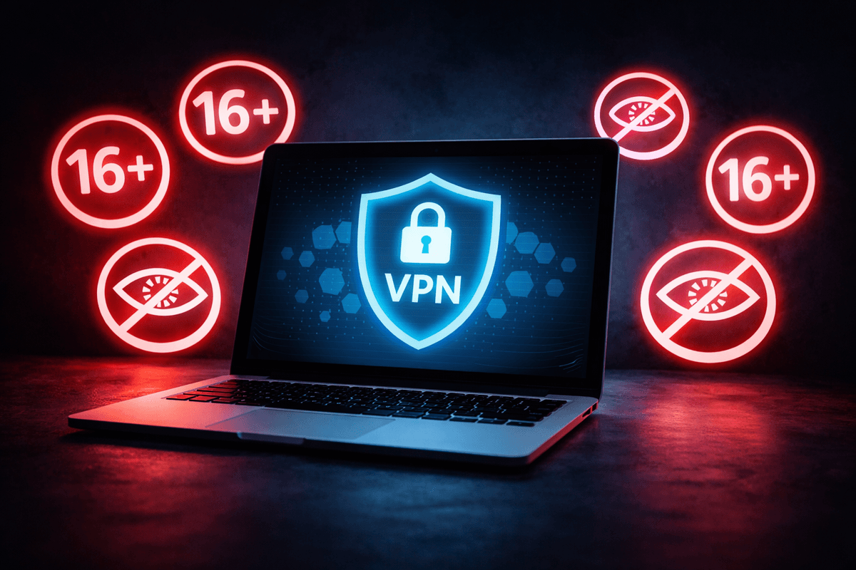 laptop with VPN symbol and age restriction symbols surrounding it
