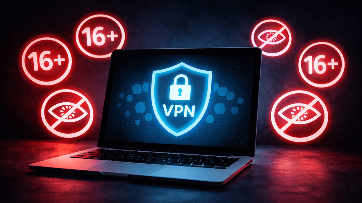 laptop with VPN symbol and age restriction symbols surrounding it