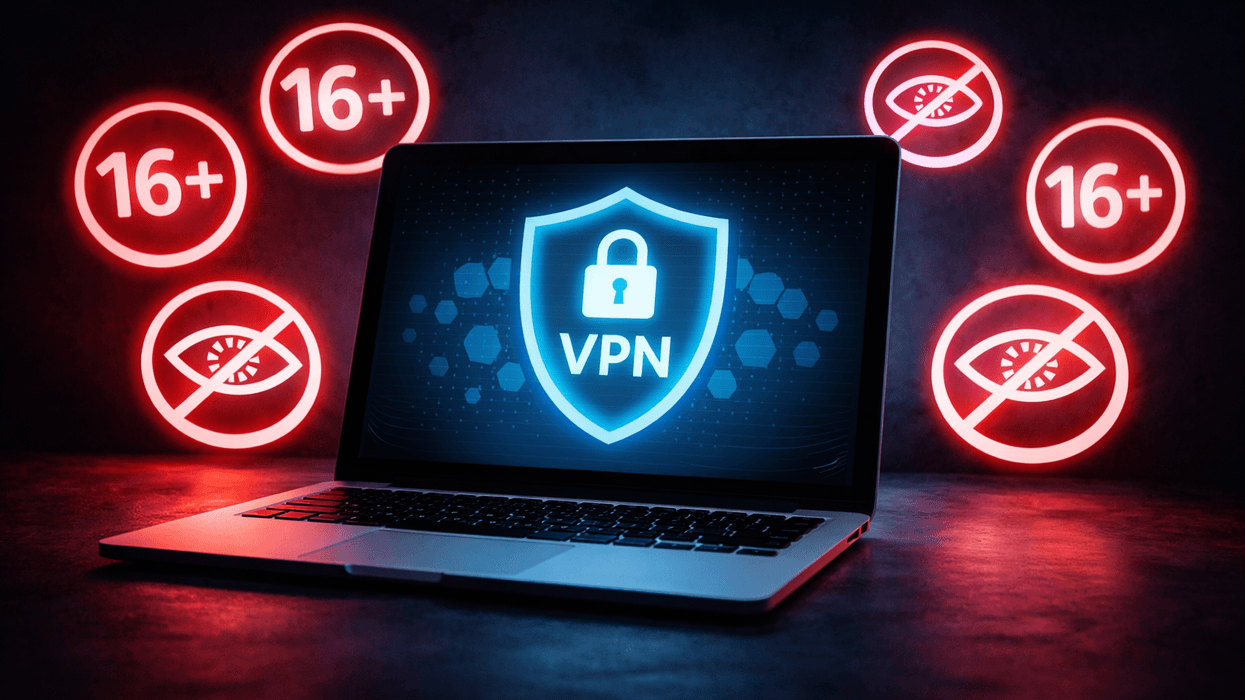 laptop with VPN symbol and age restriction symbols surrounding it