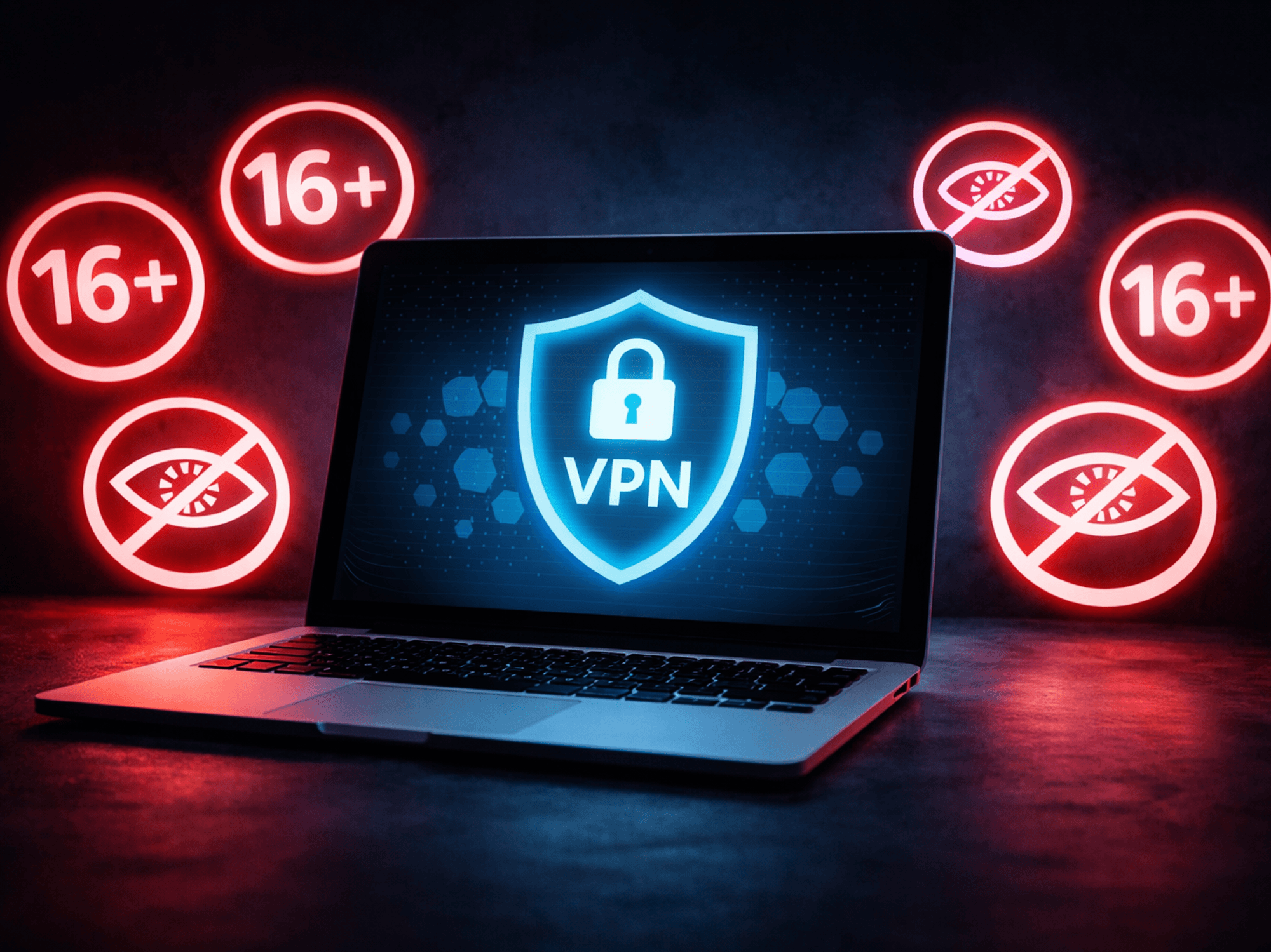 laptop with VPN symbol and age restriction symbols surrounding it