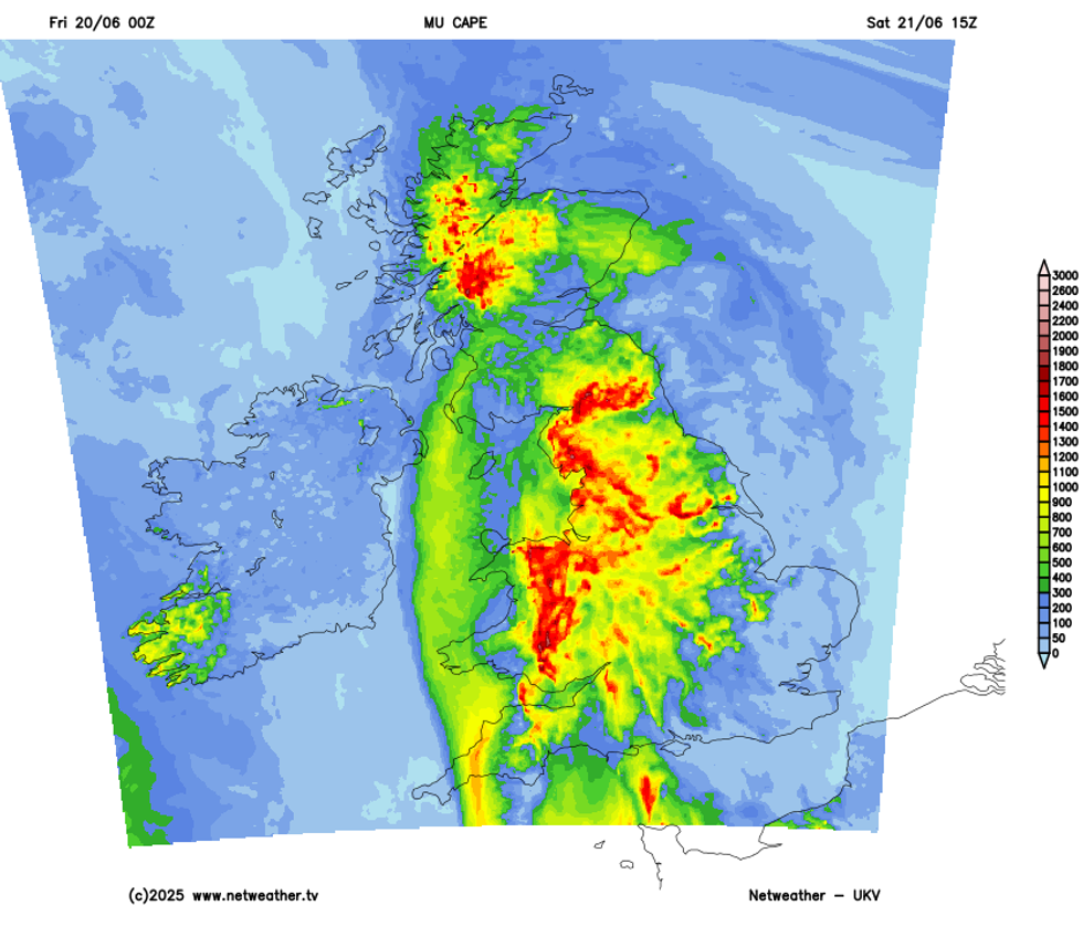 Large amounts of CAPE forecast by UKV across central, northern and western areas Saturday afternoon