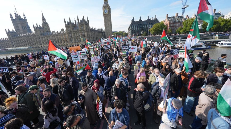 Large crowds of pro-Palestine protesters are seen in London