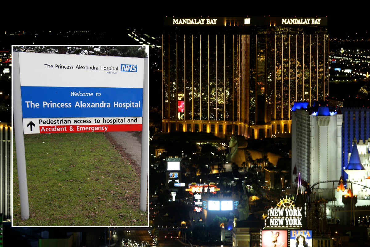 Las Vegas strip with an inset of an NHS sign