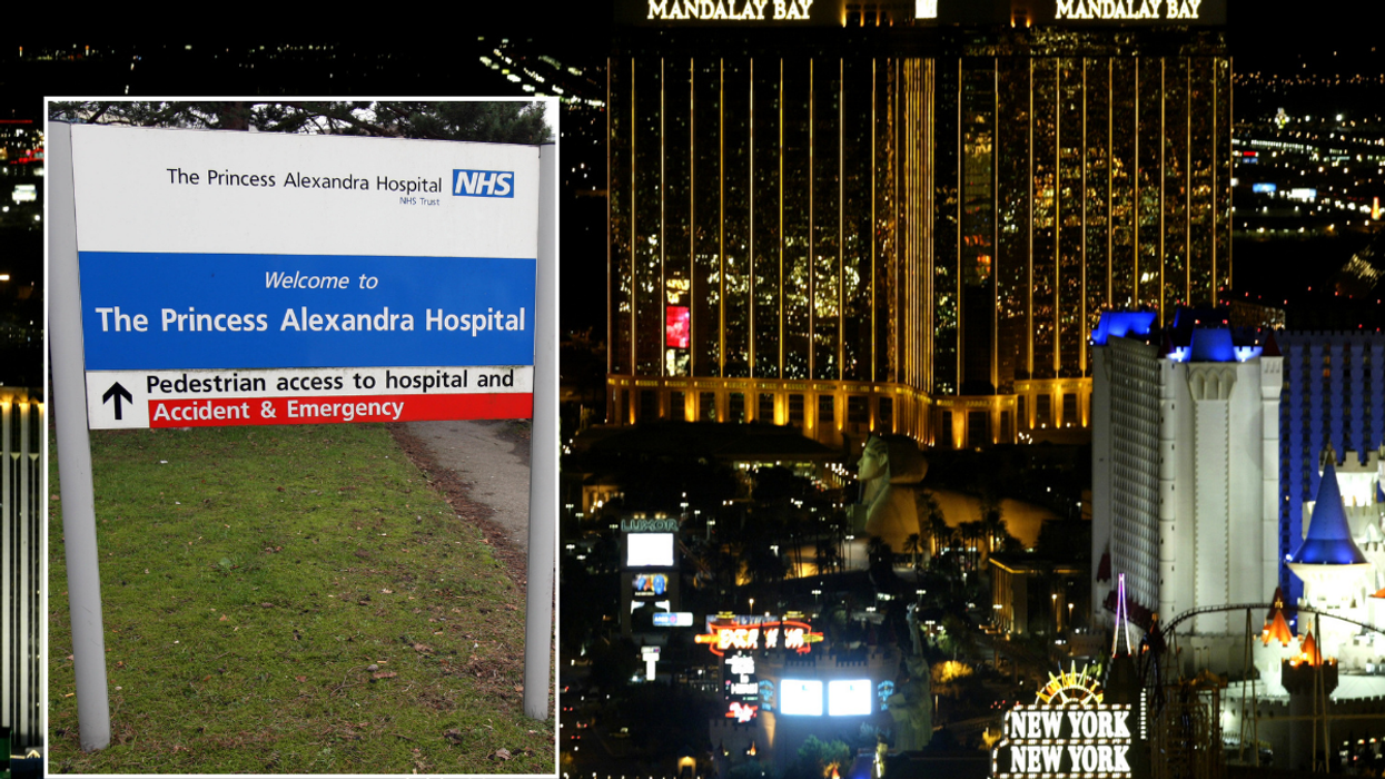 Las Vegas strip with an inset of an NHS sign