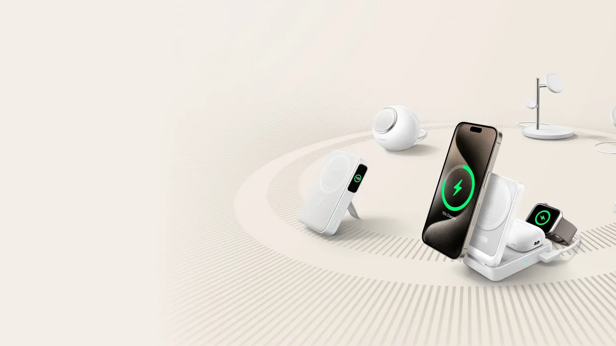 latest anker battery packs and chargers pictured in a circle with apple devices charging