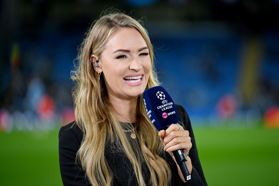 Laura Woods, TNT Sports presenter, reacts prior to the UEFA Champions League Group G match