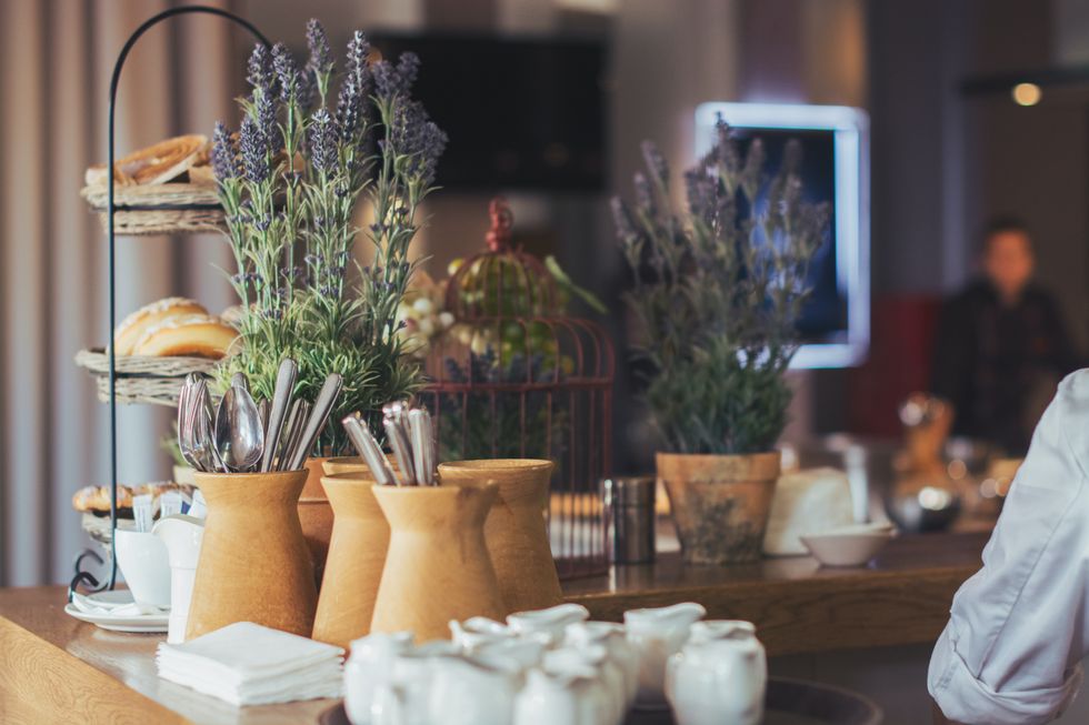 Lavender and cutlery at table