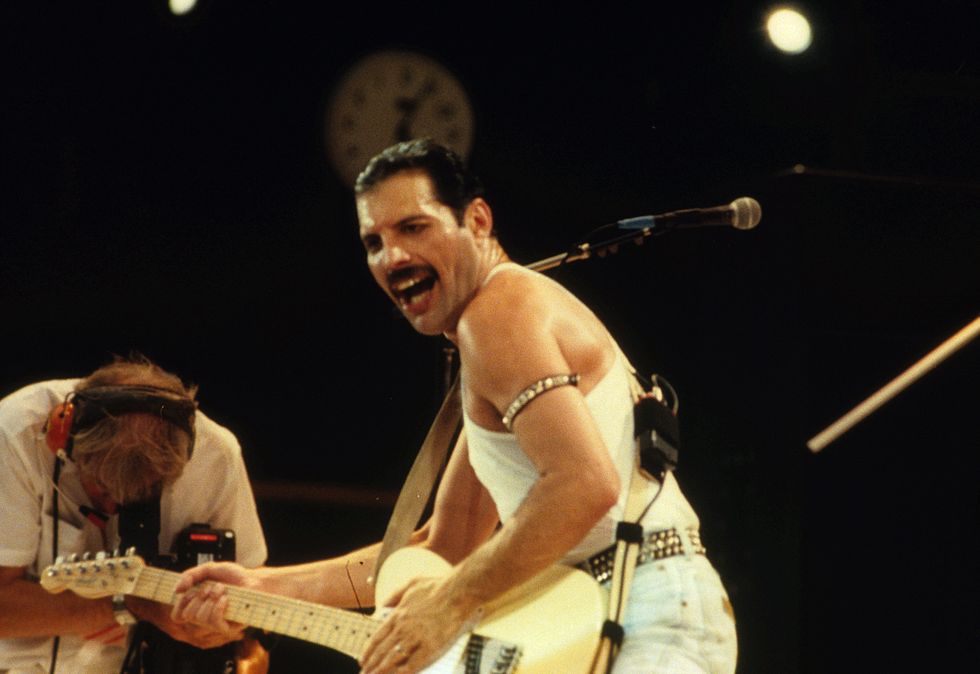 Lead singer of Queen, Freddie Mercury on stage in 1985
