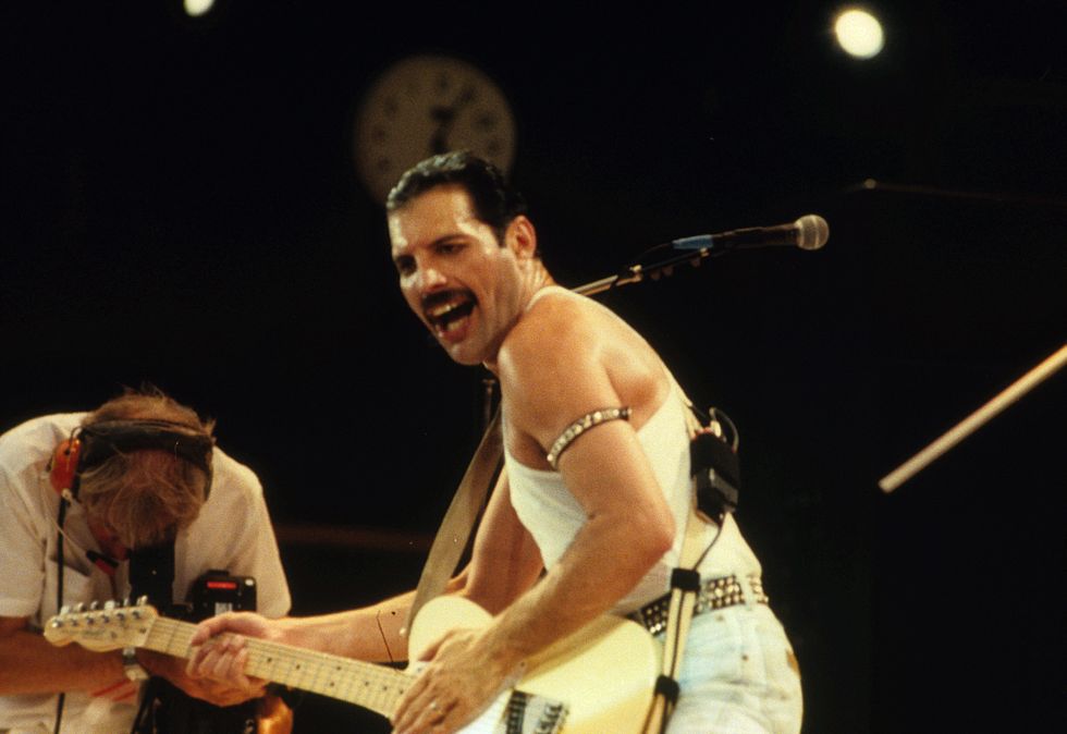 Lead singer of Queen, Freddie Mercury on stage in 1985