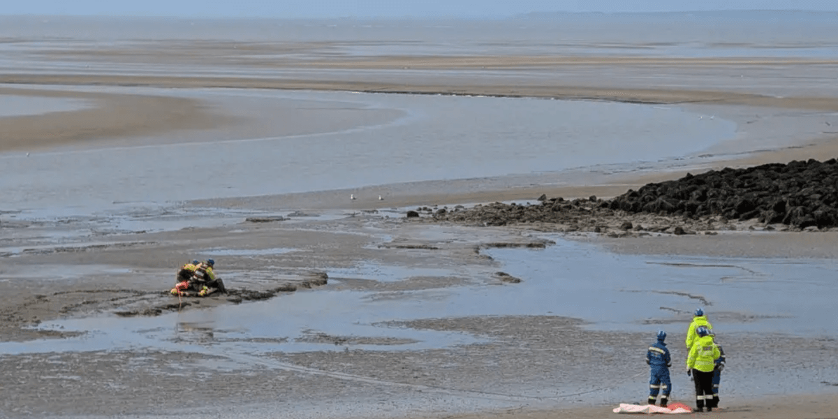 Coastguard rescue man and dog from beach after becoming stuck in thick, deep mud Coastguard rescue man and dog from beach after becoming stuck in thick, deep mud