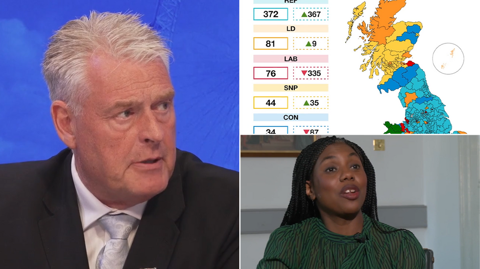 Lee Anderson with inset images of a new map documenting a poll which has Reform winning 372 seats and Kemi Badenoch