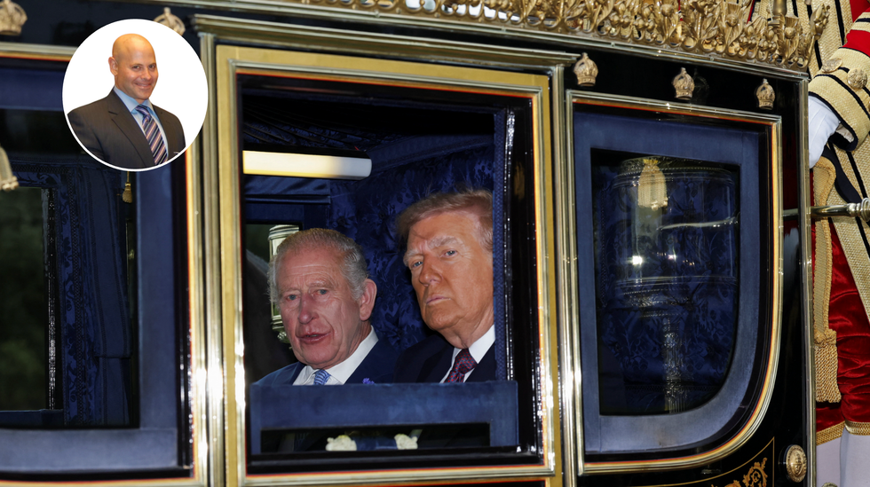 Lee Cohen (left), King Charles and Donald Trump in a royal carriage (middle)