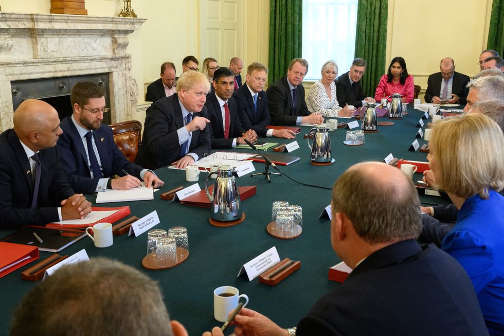(Left-right) Health Secretary Sajid Javid, Cabinet Secretary Simon Case, Prime Minister Boris Johnson, Chancellor of the Exchequer Rishi Sunak, Transport Secretary Grant Shapps, Scottish Secretary Alister Jack, Culture Secretary Nadine Dorries, Minister for Brexit Opportunities and Government Efficiency in the Cabinet Office Jacob Rees-Mogg and Attorney General Suella Braverman during a Cabinet meeting at 10 Downing Street, London. Boris Johnson survived an attempt by Tory MPs to oust him as party leader following a confidence vote in his leadership on Monday evening at the Houses of Parliament. Picture date: Tuesday June 7, 2022.