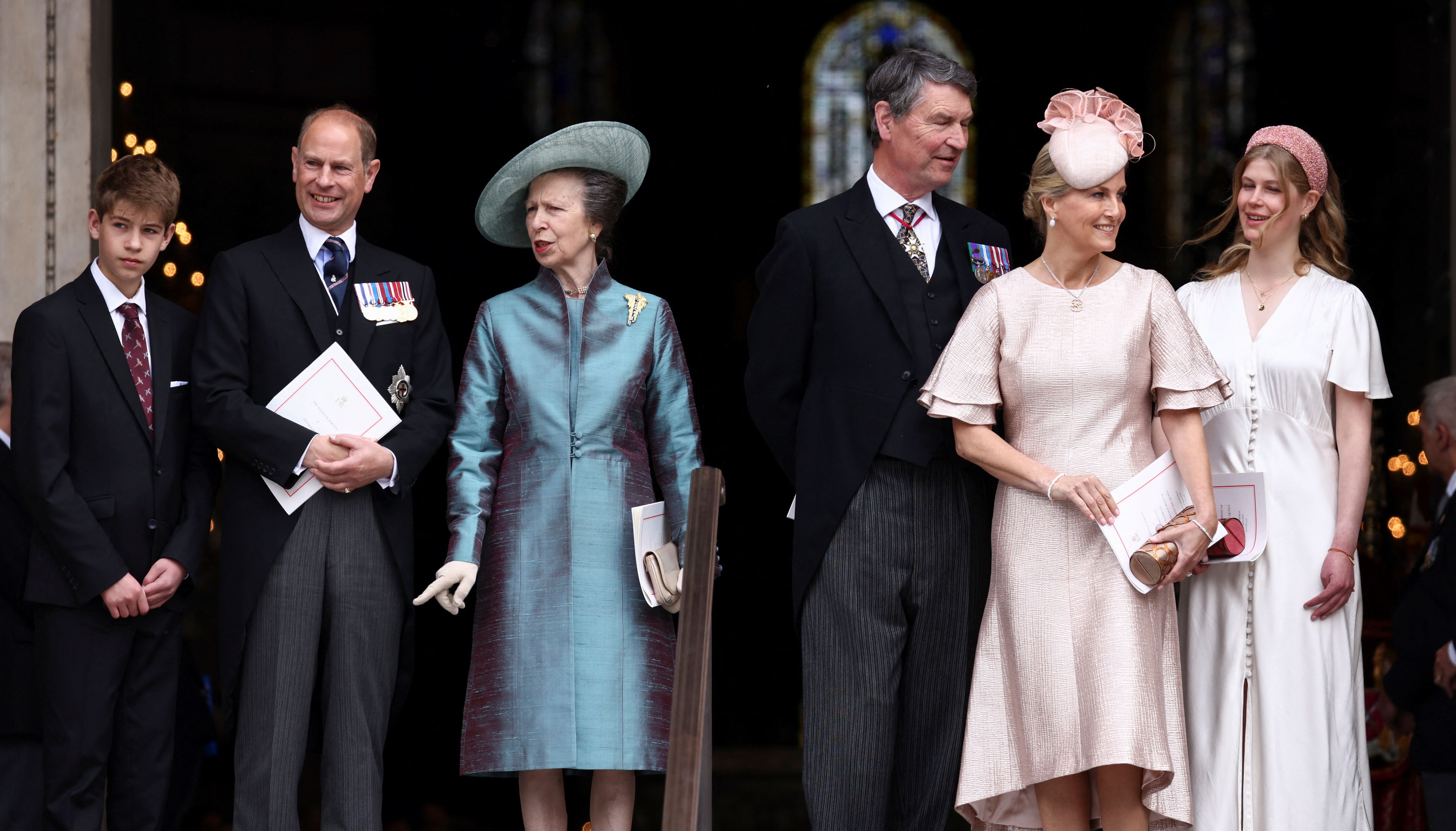 (Left-right) James Viscount Severn, the Earl of Wessex, the Princess Royal, Vice Admiral Sir Tim Laurence, the Countess of Wessex and Lady Louise Windsor leaving the National Service of Thanksgiving