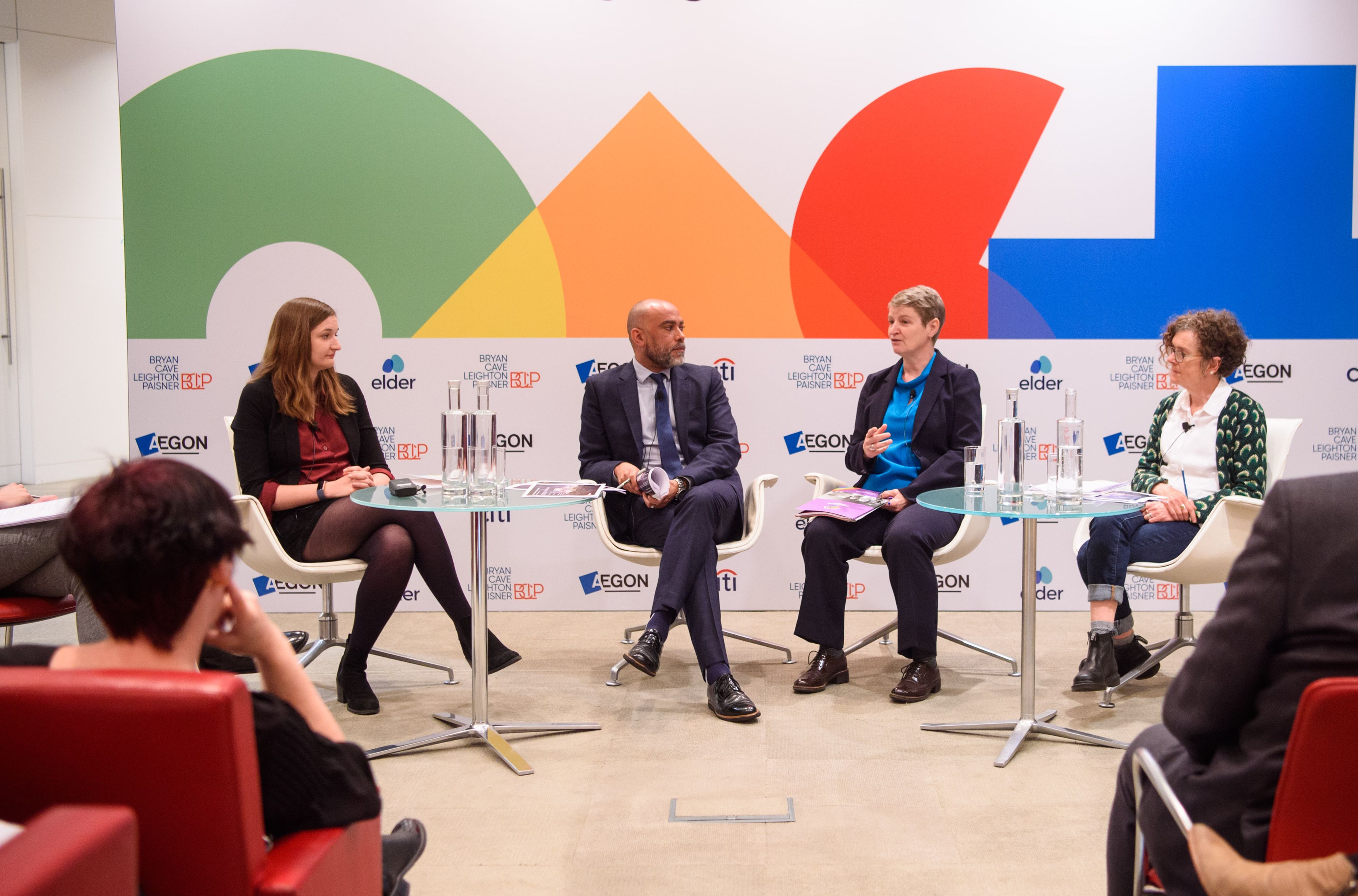 (left to right) Laura Russell of Stonewall, National Adviser for LGBT Health for the NHS Michael Brady, Alice Wallace of Opening Doors London and Helen Jones of MindOut during a panel at the Pink News Ageing Summit 2019, at Adelaide House in London. The conference focused on rasing awareness of the challenges that older LGBT+ people face.