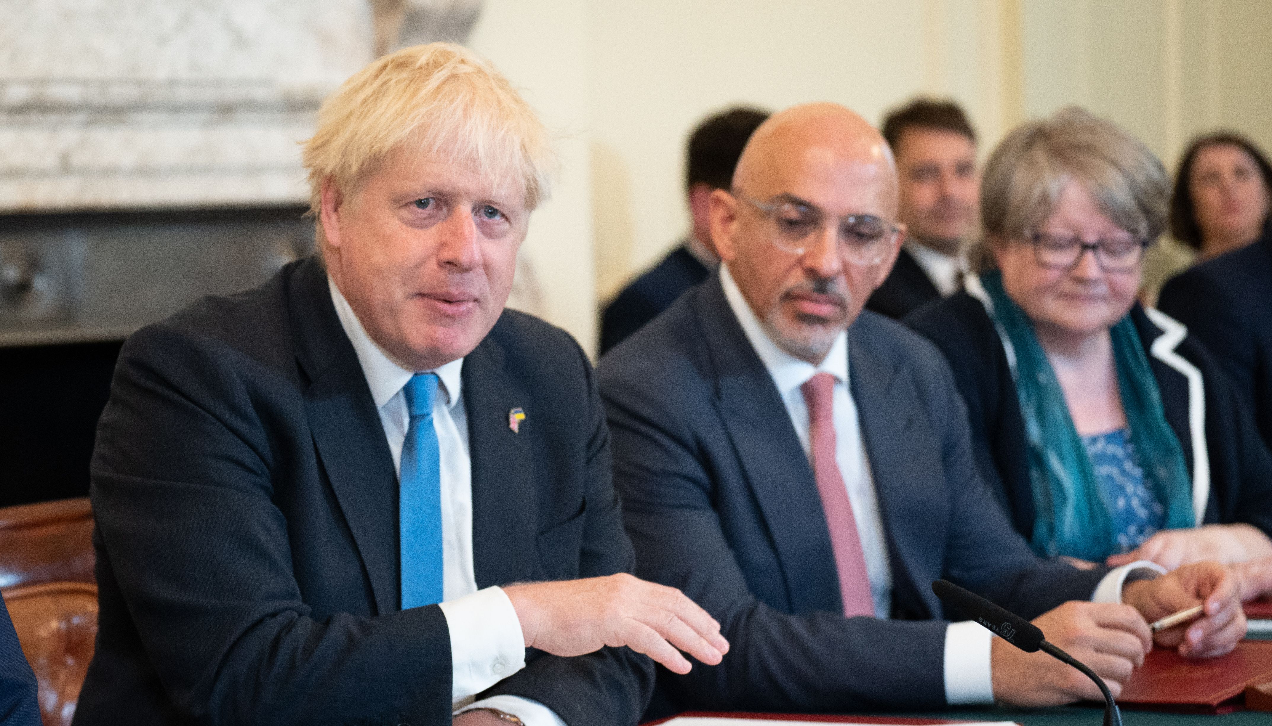 (left to right) Prime Minister Boris Johnson, Chancellor of the Exchequer Nadhim Zahawi, and Work and Pensions Secretary Therese Coffey, during a Cabinet meeting at 10 Downing Street, London. Picture date: Tuesday July 19, 2022.