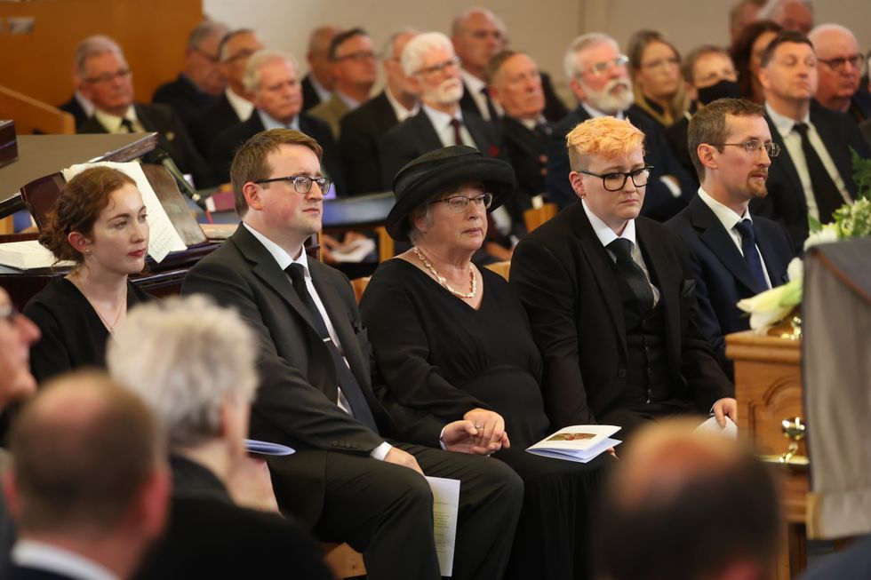 (left to right) Sarah, Nicholas, Lady Daphne, Victoria and Richard Trimble at the funeral of former Northern Ireland first minister and UUP leader David Trimble, who died last week aged 77, at Harmony Hill Presbyterian Church, Lisburn. Picture date: Monday August 1, 2022.