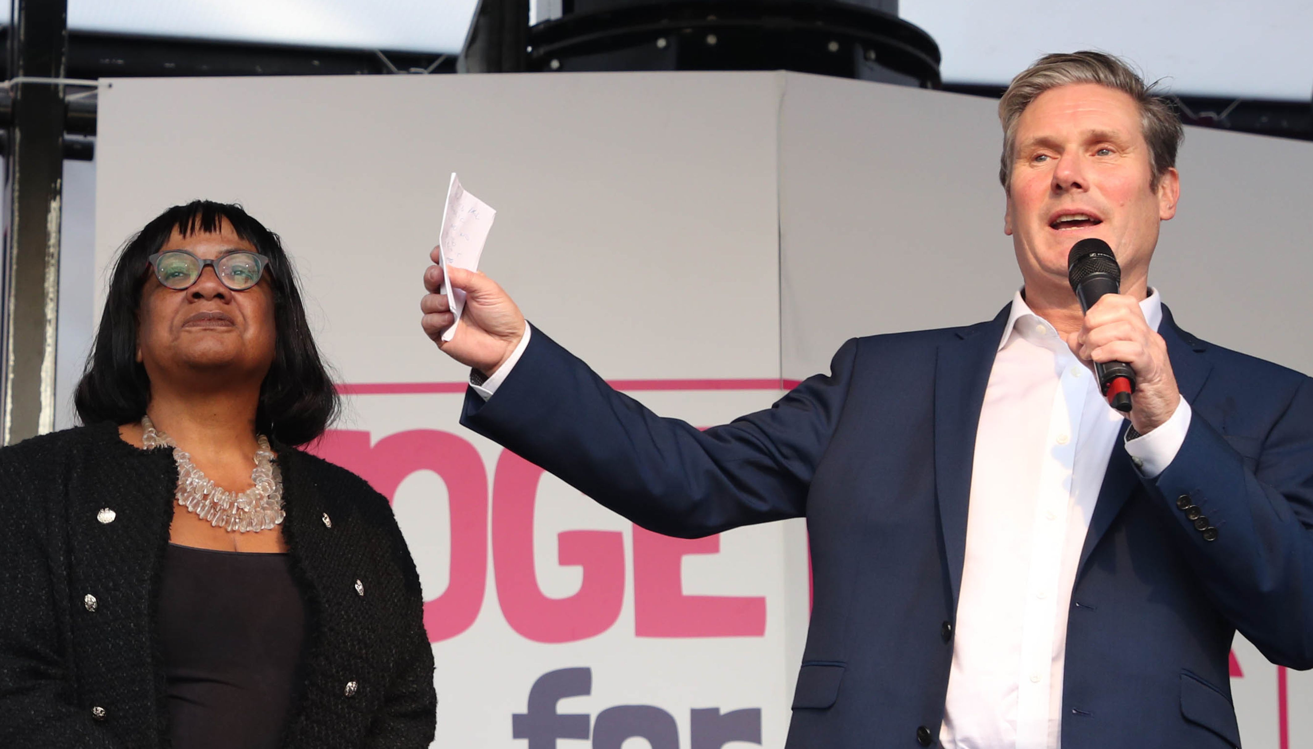 (left to right) Shadow foreign secretary Emily Thornberry, shadow home secretary Diane Abbott and shadow Brexit secretary Sir Keir Starmer, on stage during an anti-Brexit rally in Parliament Square in London, after it was announced that the Letwin amendment, which seeks to avoid a no-deal Brexit on October 31, was accepted, following Prime Minister Boris Johnson's statement in the House of Commons, on his new Brexit deal.