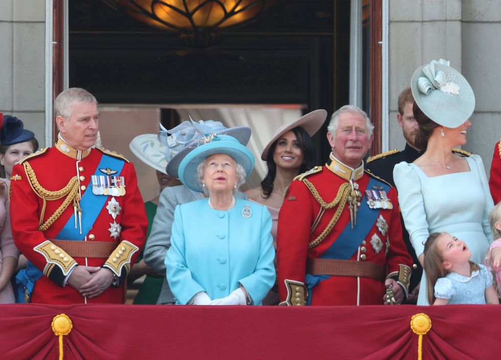 (left to right) The Duke of York, Duchess of Cornwall (hidden), Queen Elizabeth II, Duchess of Sussex, Prince of Wales, Duke of Sussex and the Duchess of Cambridge with Princess Charlotte, on the balcony of Buckingham Palace, in central London, following the Trooping the Colour ceremony at Horse Guards Parade as the Queen celebrates her official birthday.