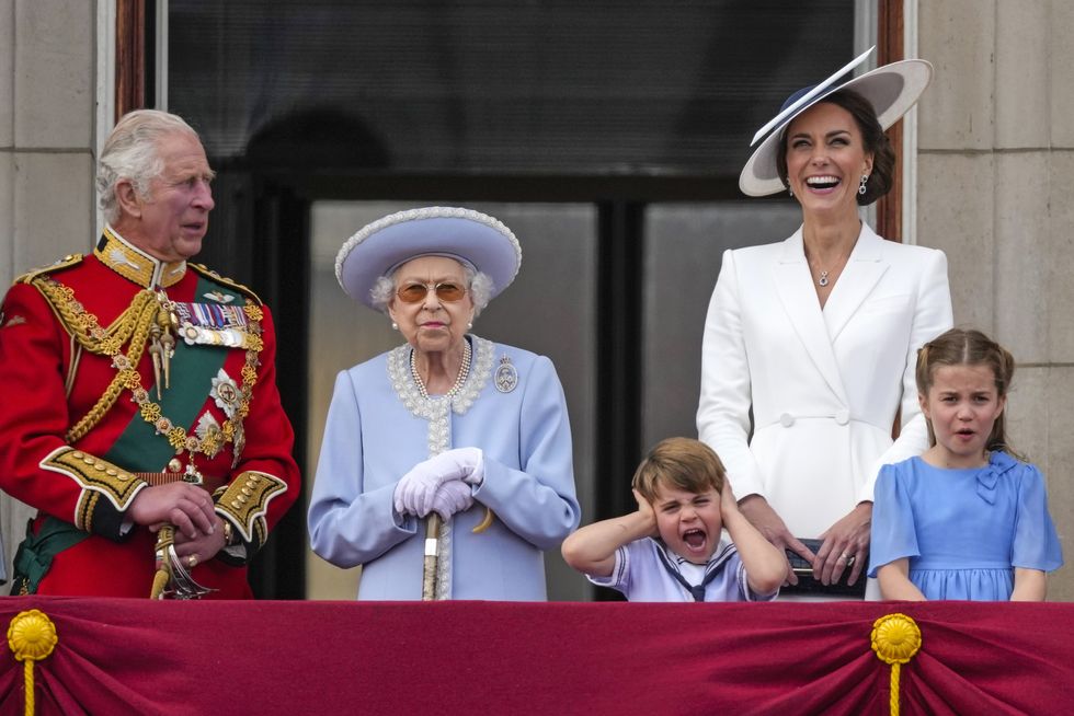 (left to right) The Prince of Wales, Queen Elizabeth II, Prince Louis, the Duchess of Cambridge and Princess Charlotte on the balcony of Buckingham Palace to view the Platinum Jubilee flypast, as the Queen celebrates her official birthday on day one of the Platinum Jubilee celebrations. Picture date: Thursday June 2, 2022.