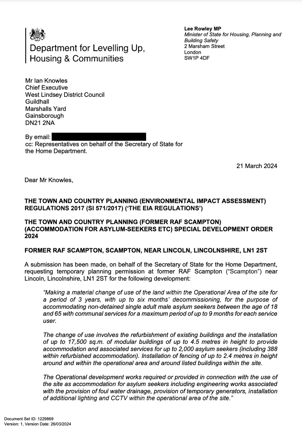 Letter addressed to Ian Knowles