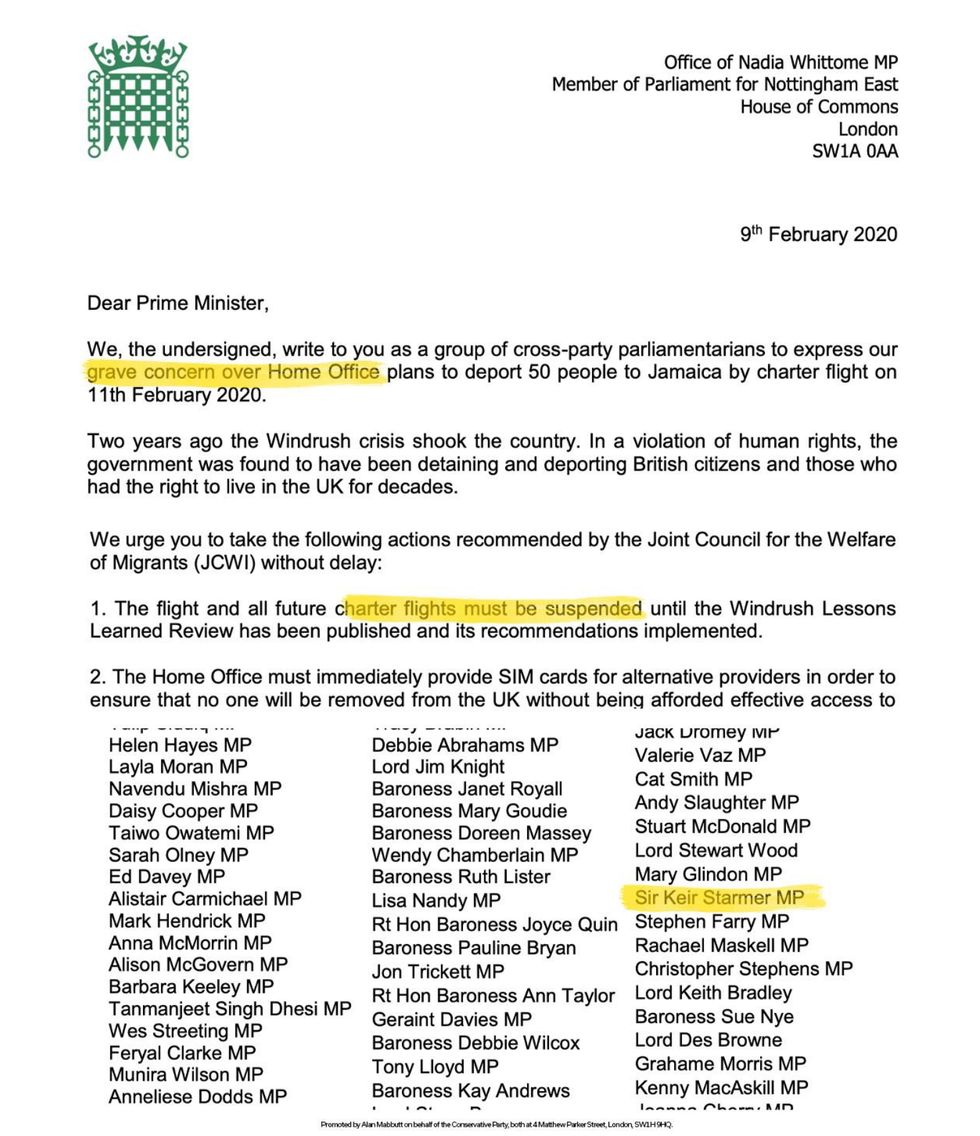 Letter calling for criminals not to be deported in 2020