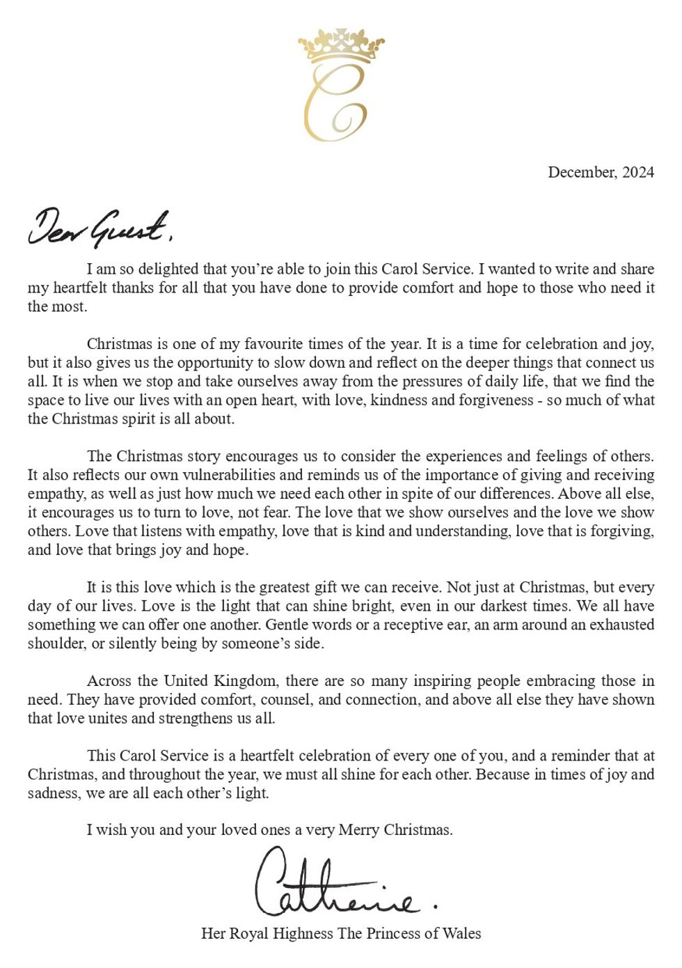 Letter from Princess Kate