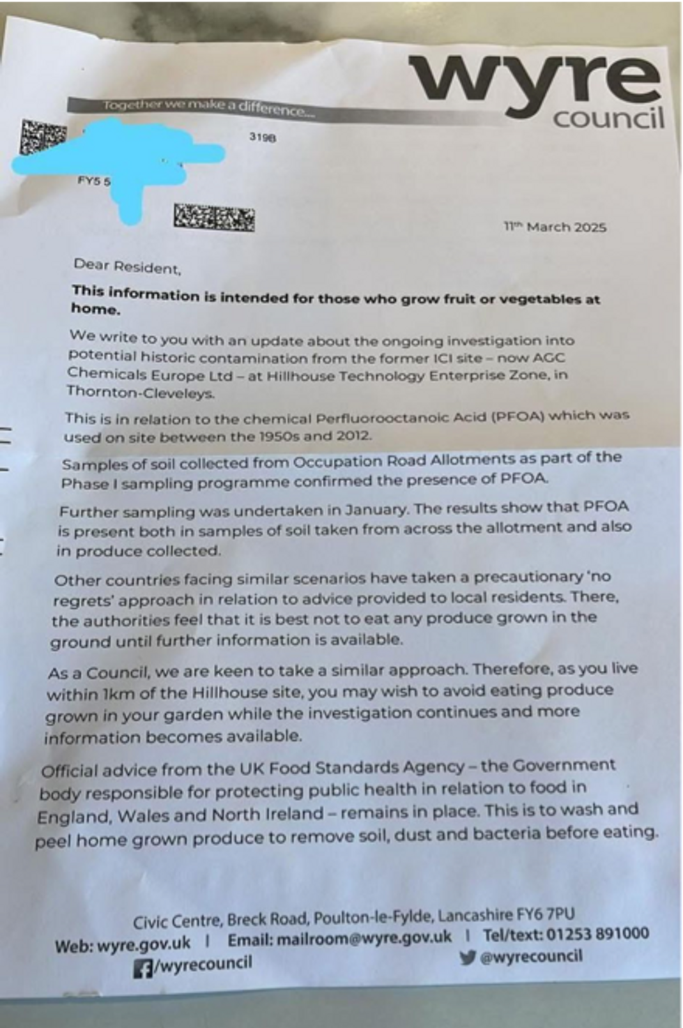 Letter received by residents