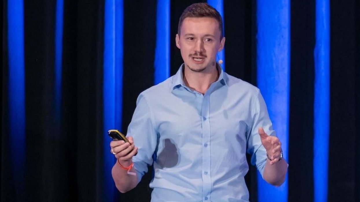 Lewis Crompton at speaking event