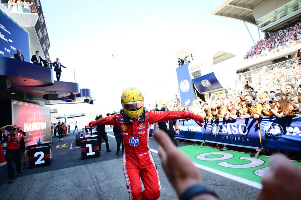 Lewis Hamilton celebrates after winning the Spanish Grand Prix on Sunday
