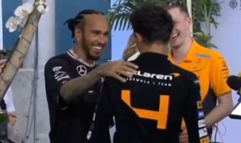 Lewis Hamilton spotted making gesture to Lando Norris after McLaren star's first F1 win at Miami Grand Prix