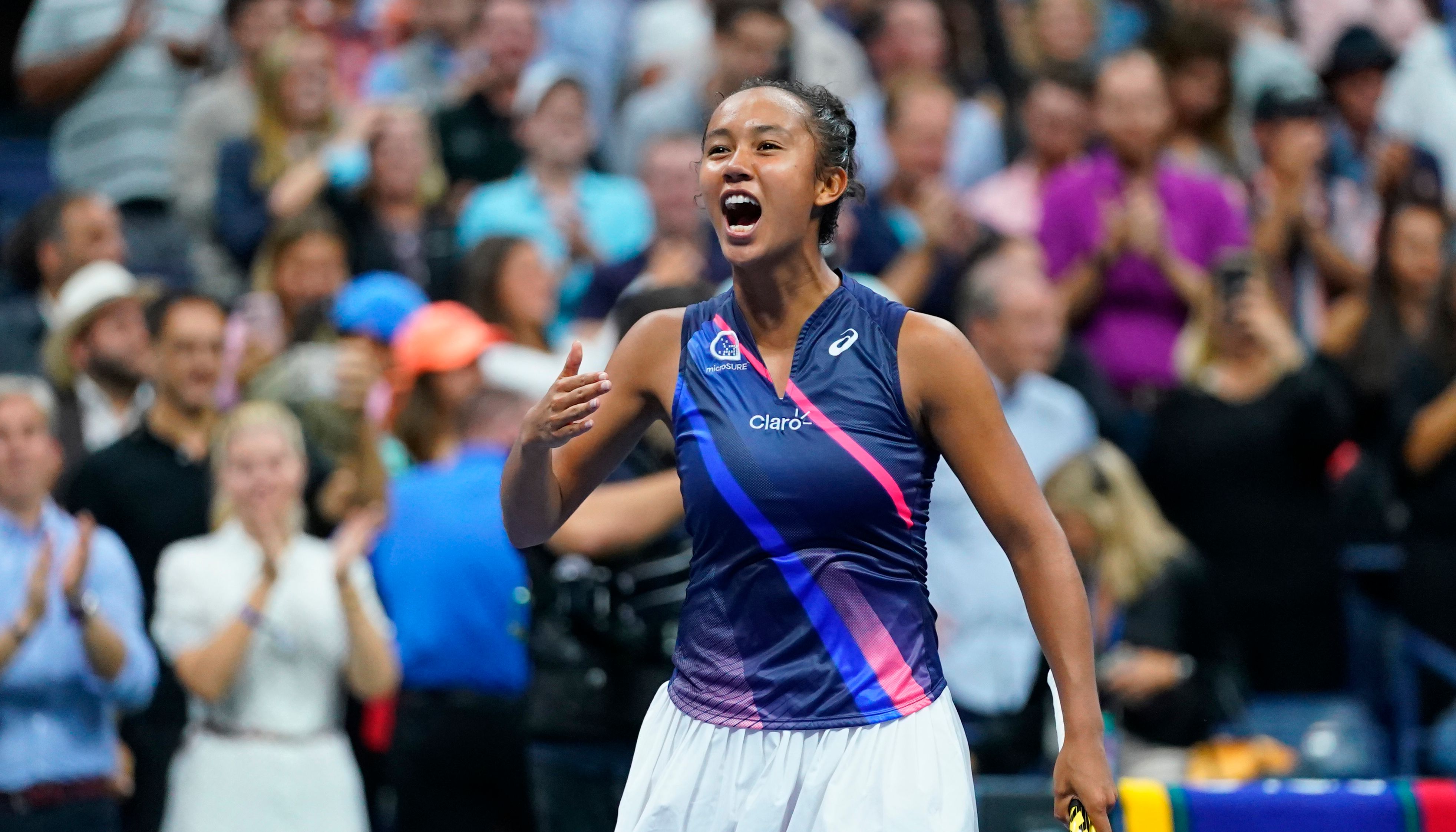 Leylah Fernandez of Canada celebrates after her match against Aryna Sabalenka of Belarus on day eleven of the 2021 U.S. Open tennis tournament at USTA Billie Jean King National Tennis Center.