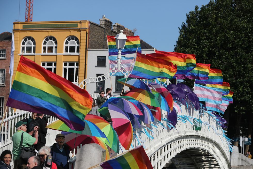 LGBT flags and umbrellas on Ha'Penny Bridge, Dublin